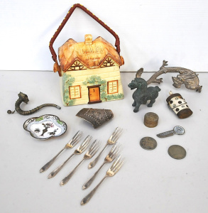 Lot 66 - Mixed Group lot inc Bronze horse, Enamel shaped dish, Bone & brass