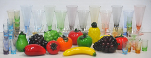 Lot 69 - 2 Boxes vintage coloured glass inc Italian & Other fruit - pears, a