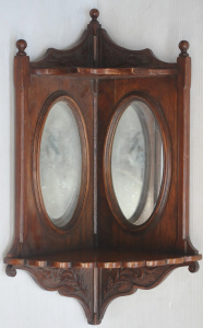 Lot 75 - Vintage Wooden Corner Shelf w Oval Mirrors & Carved Decorations