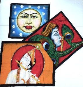 Lot 88 - 3 pces Indian Art Batik inc The Moon, Hindu Deity playing flute & F
