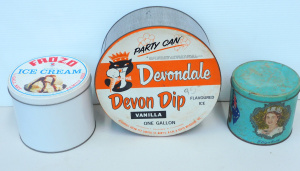 Lot 92 - 3 vintage tins Melbourne Devondale Party Can Vanilla Icecream, Frozo Ic