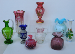 Lot 97 - Group lot Victorian Glass inc hand painted Vases & Jugs, Epergne tr