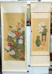 Lot 102 - 2 Chinese Scrolls - Floral Scenes - Ink and Colour - 53cm x 114cm and