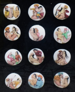 Lot 113 - Framed under glass12 x Eastern Erotica Kama Sutra painted medallions,