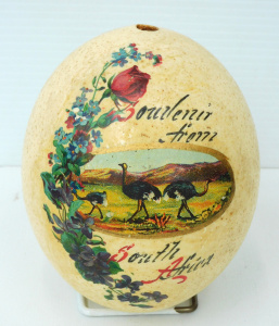 Lot 114 - Vintage Blown Ostrich Egg with Transferred Image and Painted Souvenir