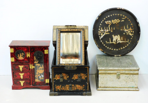 Lot 116 - 3 pces Eastern wooden items in Jewellery Box with fold up mirror - Dra