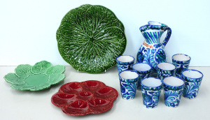 Lot 128 - Group lot of ceramics inc Portuguese majolica leaf plates, 8 piece dri