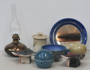 Lot 140 - Group lot - Australian Studio Pottery - Eric Mincham Oil Lamp, Vic Gre