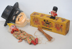 Lot 145 - 2 x toys - Pelham Clown string puppet with box, 1970s Zorro plastic ma