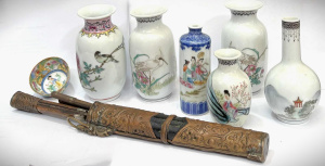 Lot 153 - Grp Chinese items - Trousse knife & chopsticks set, 6 porcelain hp