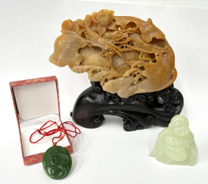 Lot 185 - 3 x Chinese items - heavy stone carving 20cms H, light green jade Budd