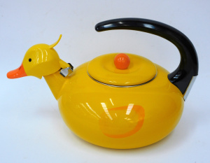Lot 188 - Novelty As New bright yellow Enamel Duck Kettle - w Quaking Duck head