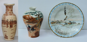 Lot 190 - 3 pces vintage inc Large Japanese Ceramic Vase - Lamp Base - cream gro
