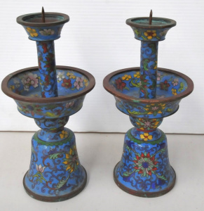 Lot 207 - Pair Vintage Eastern Cloisonne Candlesticks Blue with floral 22cm H