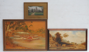 3 x Framed vintage Paintings - Oil painting on Panel featuring Farmer with his C