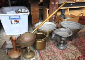 Group Brass & Copper Items incl Jardiners w Lift Up Trays, Brass Bucket, Cop