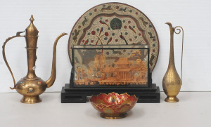 Group lot - Oriental & Eastern items - Brass Jugs, platters, Framed Cork Dio