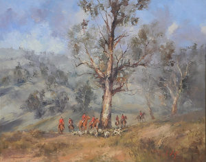 John Tiplady (1938 - ) Large Gilt Framed Oil painting - Hunters on a Hill - Sign