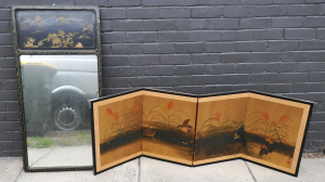 Lot 3 - 2 Vintage Japanese Items inc Black Lacquered Mirror with Rural Scene in