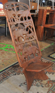 Lot 4 - Carved Arican Tribal Two Piece High Back Chair w Carved Decorations of E Lot 4 - Carved Arican Tribal Two Piece High Back Chair w Carved Decorations of E