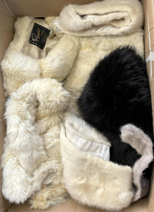 Lot 17 - Box lot furs - white rabbit coat, small cape, various collars, mink, pe