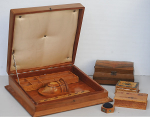 Lot 30 - Lot of Decorated Timber Items inc Marquetry Art Deco Jewellery Box, 2 x Lot 30 - Lot of Decorated Timber Items inc Marquetry Art Deco Jewellery Box, 2 x