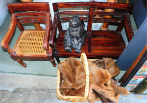 Lot 49 - Group Lot inc Large Dolls' Chair and Bench (60cm W), Vintage Fur Coat,