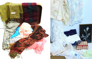 Lot 73 - Box & Case Vintage Scarves, Linen ,Napery & Haberdashery inc L