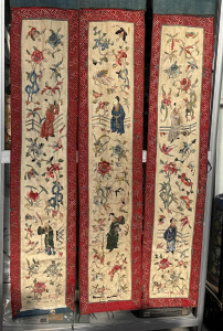 Lot 104 - 3 x very long vintage Chinese embroidered silk panels - worn original