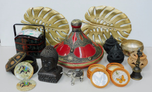 Lot 106 - Group lot of Eastern items inc Ceramic Buddha lidded incense burner, C