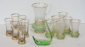 Lot 108 - Group lot of Vintage glass Inc Green art glass swan 20cmH, 7 Pce Leona