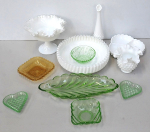 Lot 120 - Group Lot of Coloured Depression Glass inc Fenton Milk Glass etc Longe