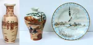 Lot 136 - 3 pces vintage inc Large Japanese Ceramic Vase - Lamp Base - cream gro