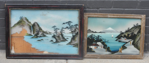Lot 140 - 2 Vintage Japanese Back Painted Glass Pictures of Coastal Scenes, One