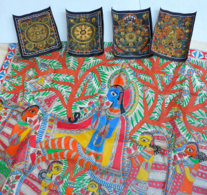 Lot 141 - Large Indian Madhubani Painting on Silk Approx 110cm H x 120cm W and 4