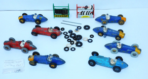 Lot 143 - Group of Vintage Dinky Die-Cast Open Wheel Race Cars with Tyre Racks,