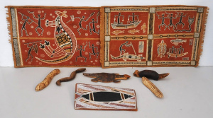 Lot 169 - Grp Aboriginal items - 5 carved wooden animals, small bark painting, w Lot 169 - Grp Aboriginal items - 5 carved wooden animals, small bark painting, w