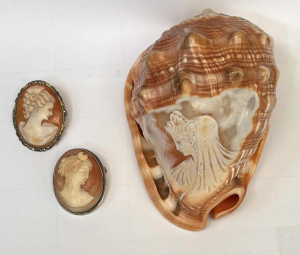 Lot 187 - 3 x items - 2 x silver mounted Cameo Brooches & carved Conch shell