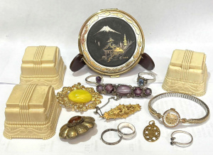 Lot 33 - Grp - 24K Japanese Damascene powder compact, 3 x cream Bakelite ring bo