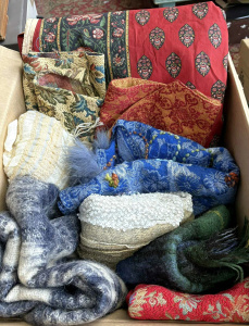 Lot 48 - Box lots textiles - 2 x mohair rugs, pr red patterned cotton curtains, Lot 48 - Box lots textiles - 2 x mohair rugs, pr red patterned cotton curtains,