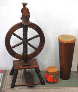Lot 52 - Vintage Hardwood Spinning Wheel (104cm H) and 2 Vintage Lap Drums Lot 52 - Vintage Hardwood Spinning Wheel (104cm H) and 2 Vintage Lap Drums