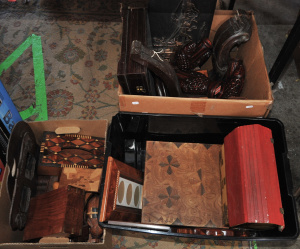 Lot 54 - 3 x Boxes with Wooden Items incl Inlaid Tissue Box, Jewellery Boxes, Ca