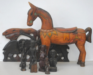 Lot 62 - Group Lot of Vintage Carved Ebony and Other Wooden Items inc Horse (65c