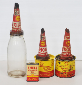 Lot 71 - Group Lot of Vintage Shell Oil Items inc 3 x Funnel Lids c1960s, Glass