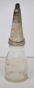 Lot 72 - Vintage Castrol Motor Oil Embossed Glass Oil Bottle and Funnel Lid