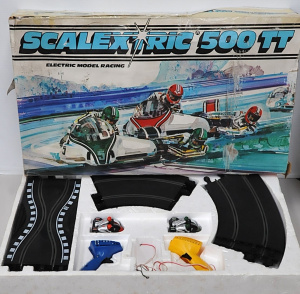 Lot 75 - Boxed vintage Scalextric Slot Car Racing set w Motorbikes & Sidecar Lot 75 - Boxed vintage Scalextric Slot Car Racing set w Motorbikes & Sidecar