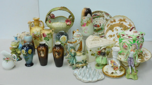 Lot 97 - Large Mixed Lot of Victorian Porcelain inc Figural, Vases, Wall Plates