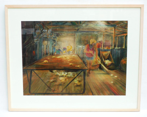Lot 101 - Karlis Mednis (1910 - 1999) Large framed Watercolour - In The Shearing Lot 101 - Karlis Mednis (1910 - 1999) Large framed Watercolour - In The Shearing