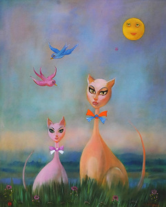 Lot 105 - Nina Gregory (Active c1980s) Large Gilt framed Oil painting - Pussy Ca