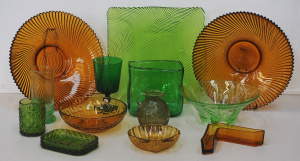 Lot 110 - Group Lot of Vintage Amber, Green, and Smoked Glass inc Platters, Glas